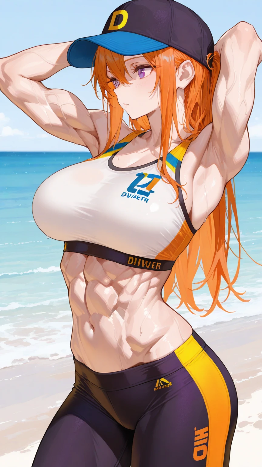 (((masterpiece、Highest image quality、highest quality、highly detailed unity 8kwallpaper)))、((Illustration of one girl))、beautiful girl、((orange hair、side ponytail、sidelocks:1.4、orange eyes))、(((stocky build:1.4, thickset physique:1.6, muscular legs, broad shoulders, solid chest)))、(((orange hairy armpits:1.4)))、(armpit hair:1.4)、swimsuit、sandy beach