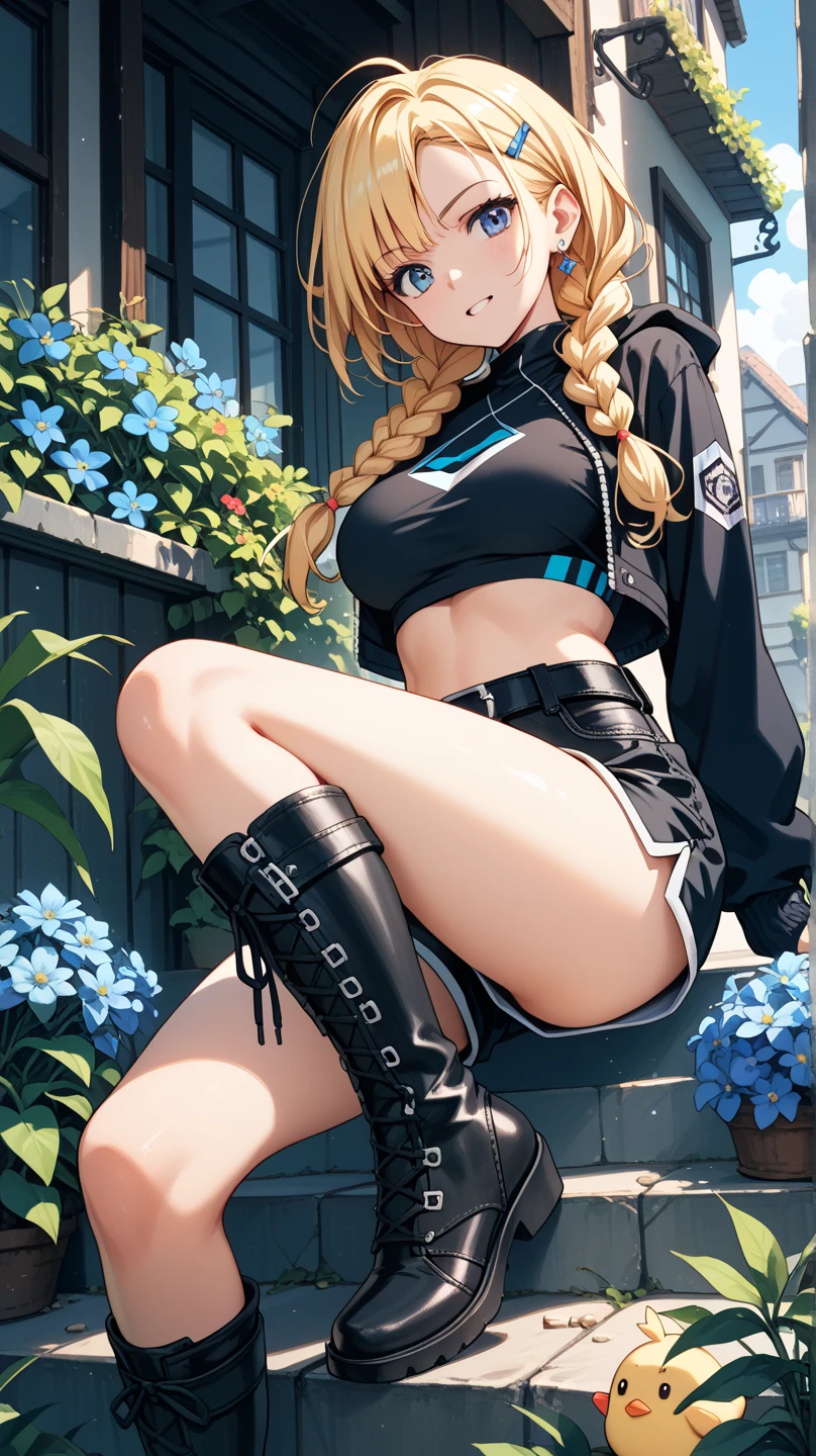 highres, 1girl, ((hair cover one eye, loona shorts, face detailed, spiked collar, pentagram on chest, Legs long, bored face, feets, and to the cauda, academy, dentro da academy, luvas loona, sitting on a bench))), solo, crop top, breasts big, fully body, tummy, Waist slender, big hips, ((((front)))), loona, black thighs, hairy, Pelo, antrum, Eyes red, patas
