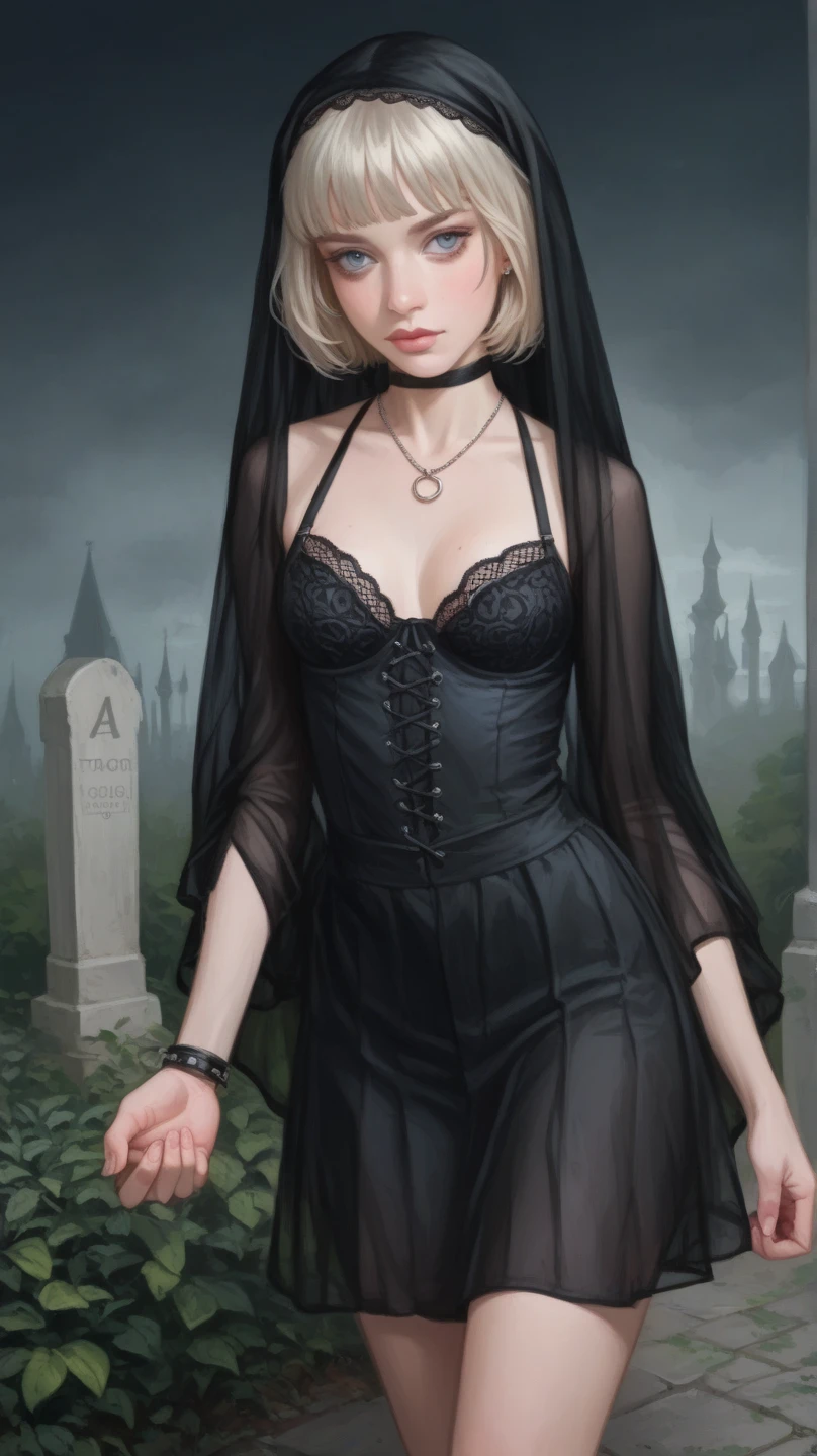 Billie Eilish, masterpiece quality, realistic, lots of detail, quaint village in background, standing in cobblestone street, 1girl, solo, alone, wearing nun habit, lots of cleavage, small breasts, (small breasts:1.3), thin body, seductive pose, blushing, (blushing:1.3),