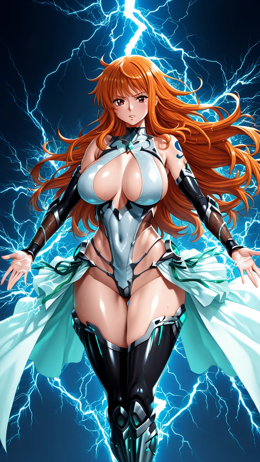 masterpiece, HD, best quality, kawaii, sparkles, stars, anime, 1 girl, anime girl, big breasts, hourglass figure, cleavage, wide hips, tight fitting clothes, green outfit, green eyes, pale skin, galaxy background, beautiful, long ginger hair, ginger hair girl, long hair, soft lips, gentle hands, delicate but dom, small waist, massive breasts and hips, galaxy, random expression, random pose
