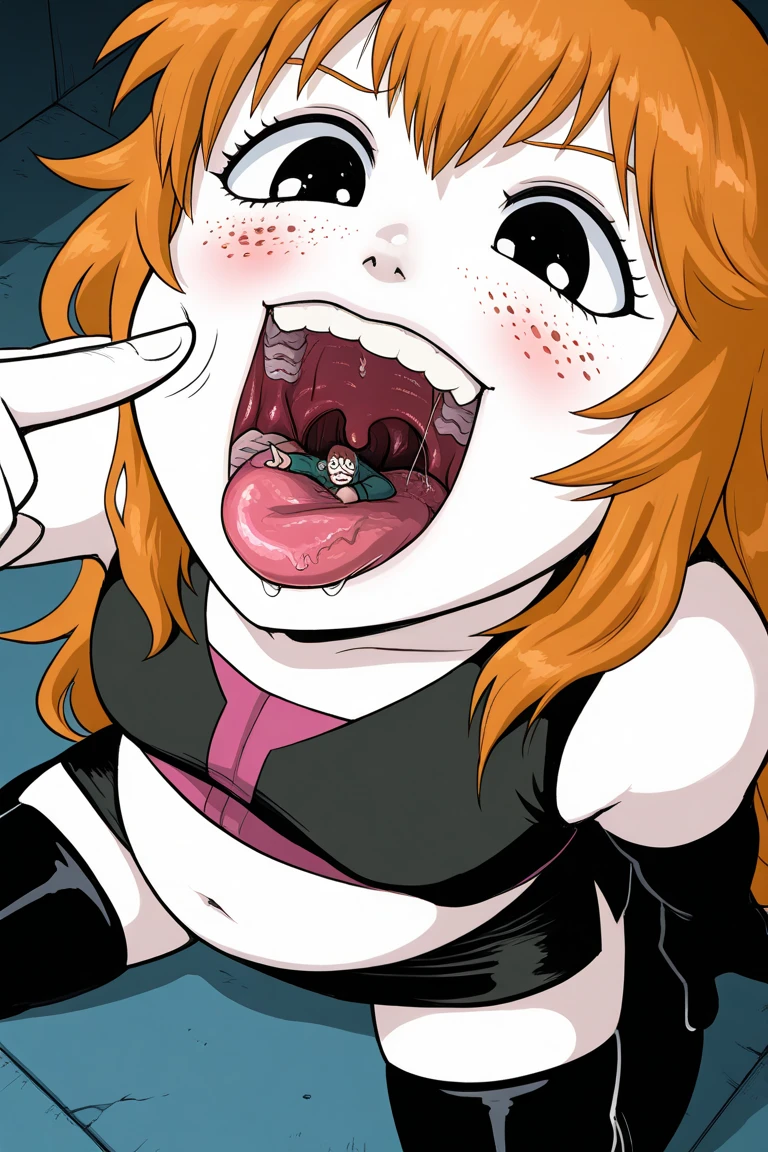 Mitsuki Bakugo from My Hero Academia, My Hero Acedemia style, wide hips, long tongue, open mouth, white blouse underneath a lavender cardigan with a short black skirt.