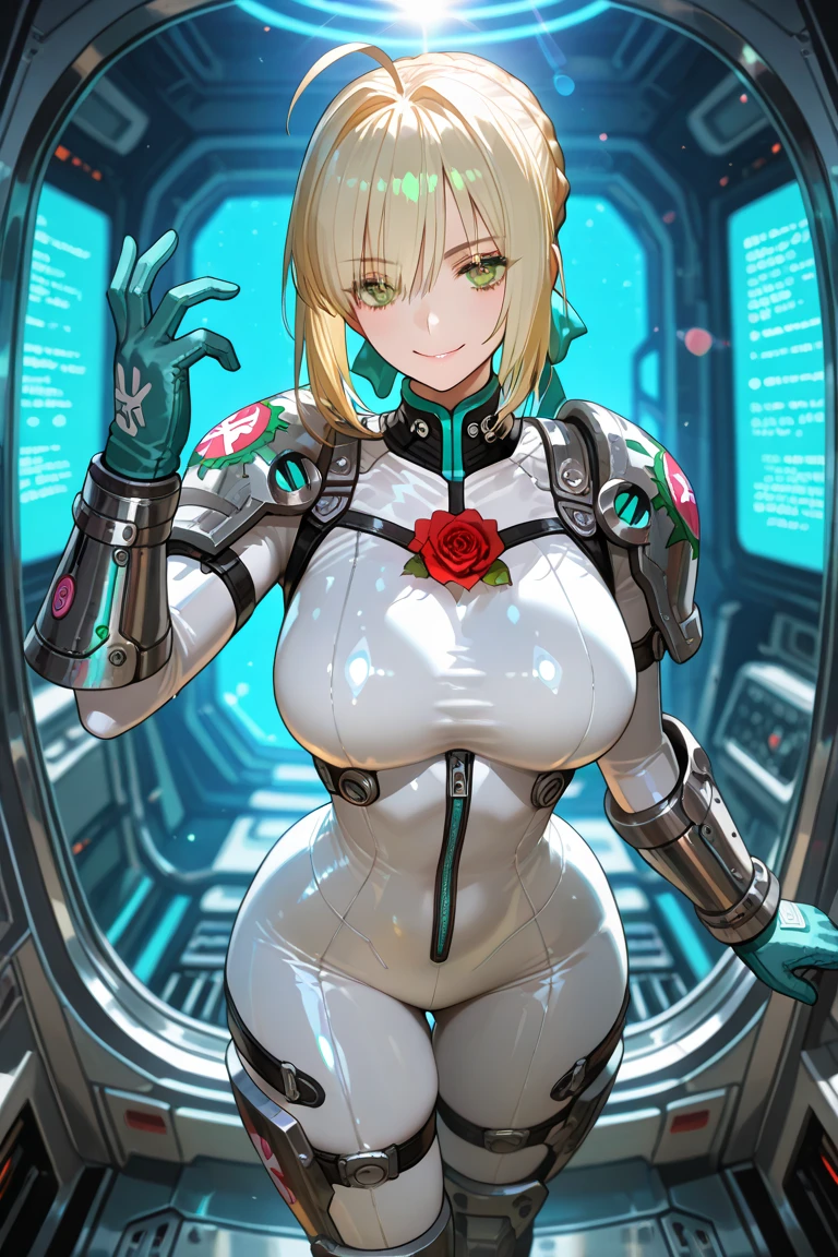 1girl, white hair, very short hair, red bodysuit, bodysuit, green eyes, futuristic, machinery, science-fiction, large breasts, toned, breasts, thick thighs, smile, sword, neon trim, neon, neon lights, green trim, ((red bodysuit))