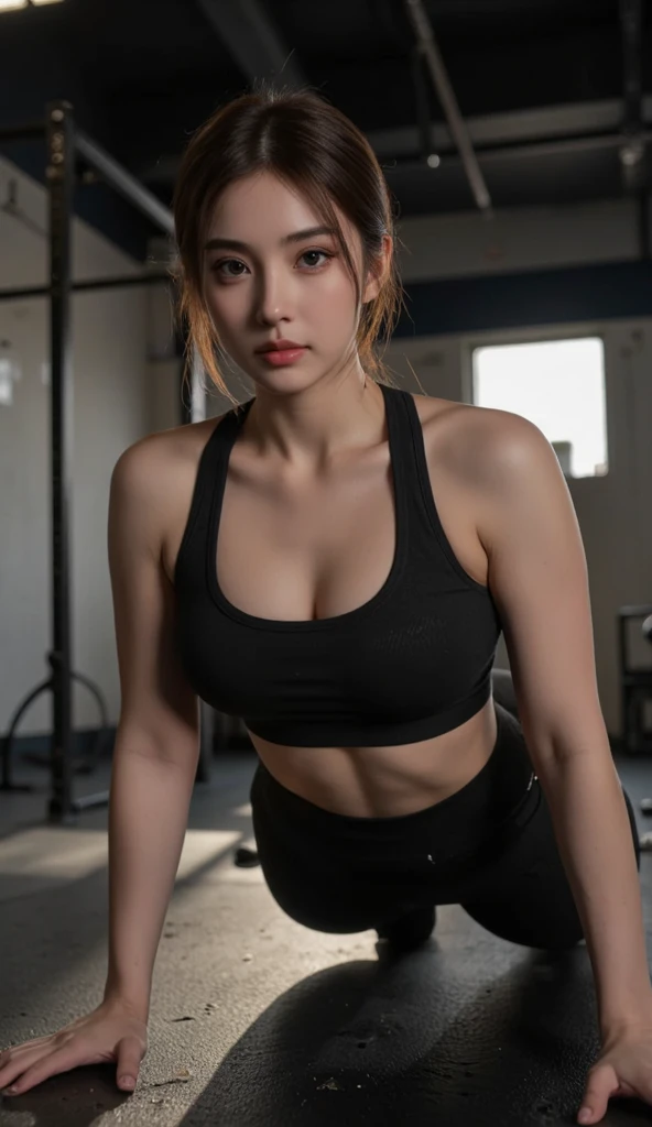 good hand,4k, 1girl, )a RAW portrait of a girl exercising in the gym), sexy, cleavage, perspiring, slight smile, sit up exercise, holding dumbell, sweating, high-res, masterpiece, best quality, head:1.3,(Korean K-pop idol), chunli, twin tails, extremely cute, finely detailed skin, sharp focus, (cinematic lighting), collarbone, soft lighting, dynamic angle, [:(detailed face:1.2):0.2], thigh gap, slim body, ((medium breasts)), full body, ((gym outfit)), (gym shorts), tank top, gym background, gym equipments, (anime, official_art:1.1), (anime screencap:1.1), (1girl, solo focus:1.2), (fisheye:0.9), ray traced:0.5, depth of field:1.0, bokeh:0.6, god rays:1.0, vivid colors:0.8, cinematic hard lighting:0.7, realistic shadows:1.2,<lora:epiNoiseoffset_v2:1.0>, 