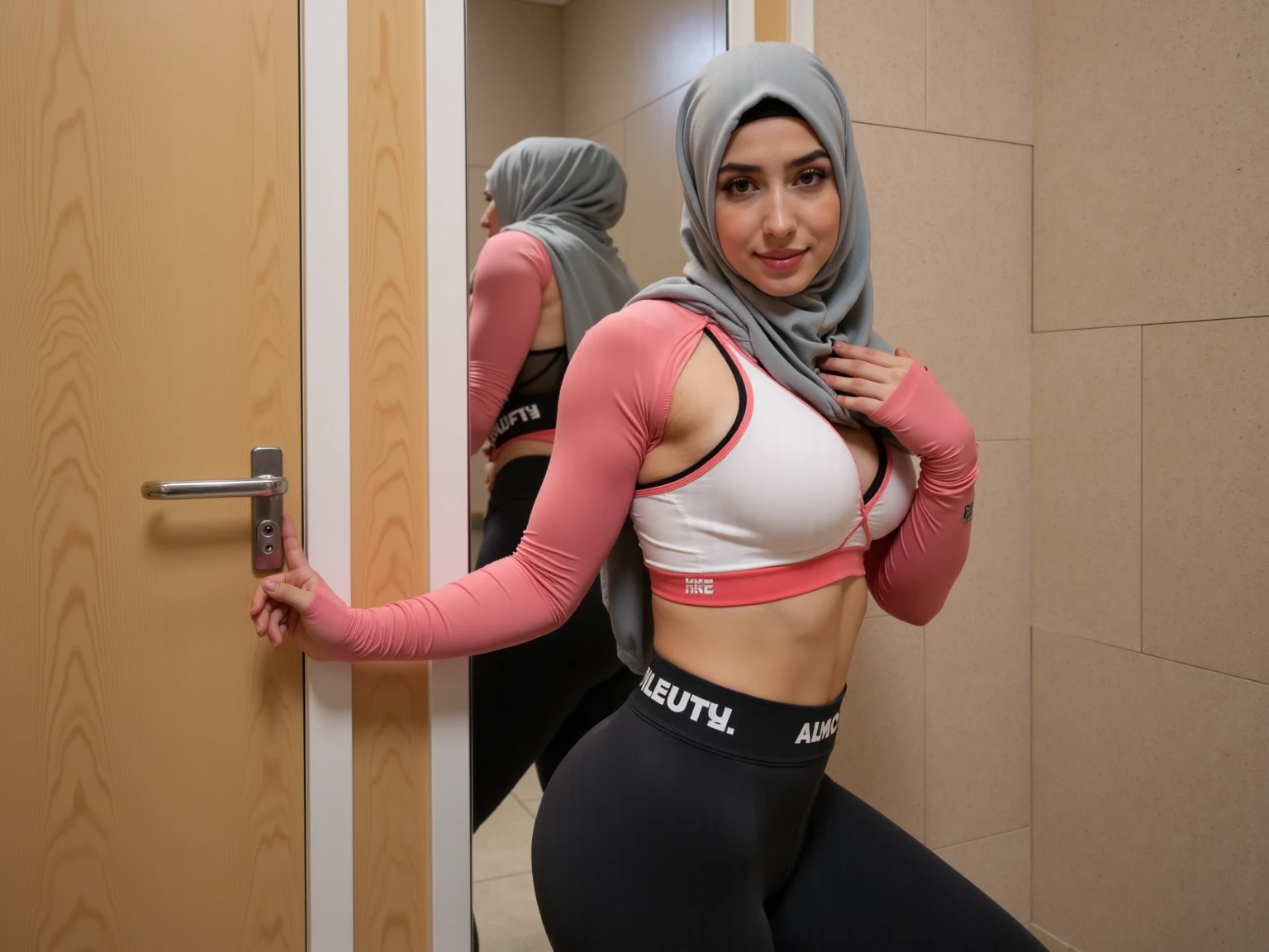 Matured 40 years old malay girl in white plain hijab wearing high waist gyms pants and topless with shy pose in full crowded school gym, wear big round glasses, nerd, big smile, laughing, happy, big front teeth, wearing hijab, breast exposed, very small dark tits, very small breast, flat chest, wide waist, thick thighs, bright lighting, big round ass, cute face, slim abs, 35mm lens, Extreme close-up, pastel color grading, depth of field cinematography effect, romantic film genre, 8k resolution, high quality, ultra detail,