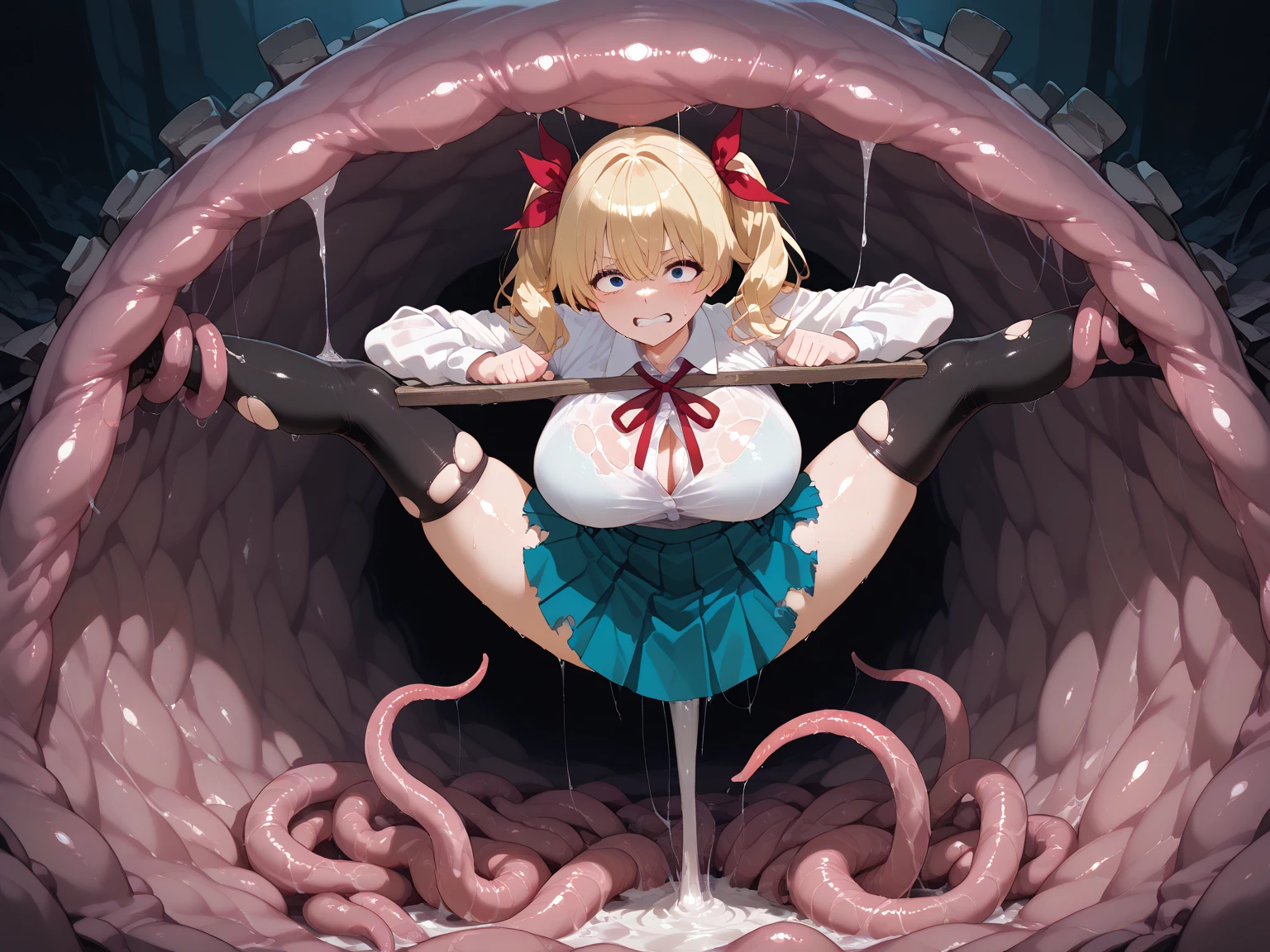 (masterpiece, Highest quality:1.2), alone, One girl, 幼いchildのゴールドシップ, pillbox hat,、White blouse、、blazer、Pleated skirt、Knee-high socks、grassland、Nature、blush、Close your eyes and scream、Muddy liquid all over the body、Big Breasts、The bra is see-through、Clothes are see-through、Open your legs、Leg spread、、Kindergarteners、、6 years old、、の小さな体、Tentacles touching pussy、White viscous liquid、A lot of love juice、Get by a large amount of tentacles、Put tentacles in your、A large number of tentacles wrap around the body、Tentacle insertion into、Tentacles and sexual activity、Tentacles and sex、Tentacles get inside clothes、Inserting a tentacle into the vagina、Sweat、Massive 、Vaginal 、orgasm、Cramp、Masturbation、masturbation behavior、From the side、Blowjob、Titty fuck、Carry a school bag、Reluctant、Lace bra、See-through bra　On all fours