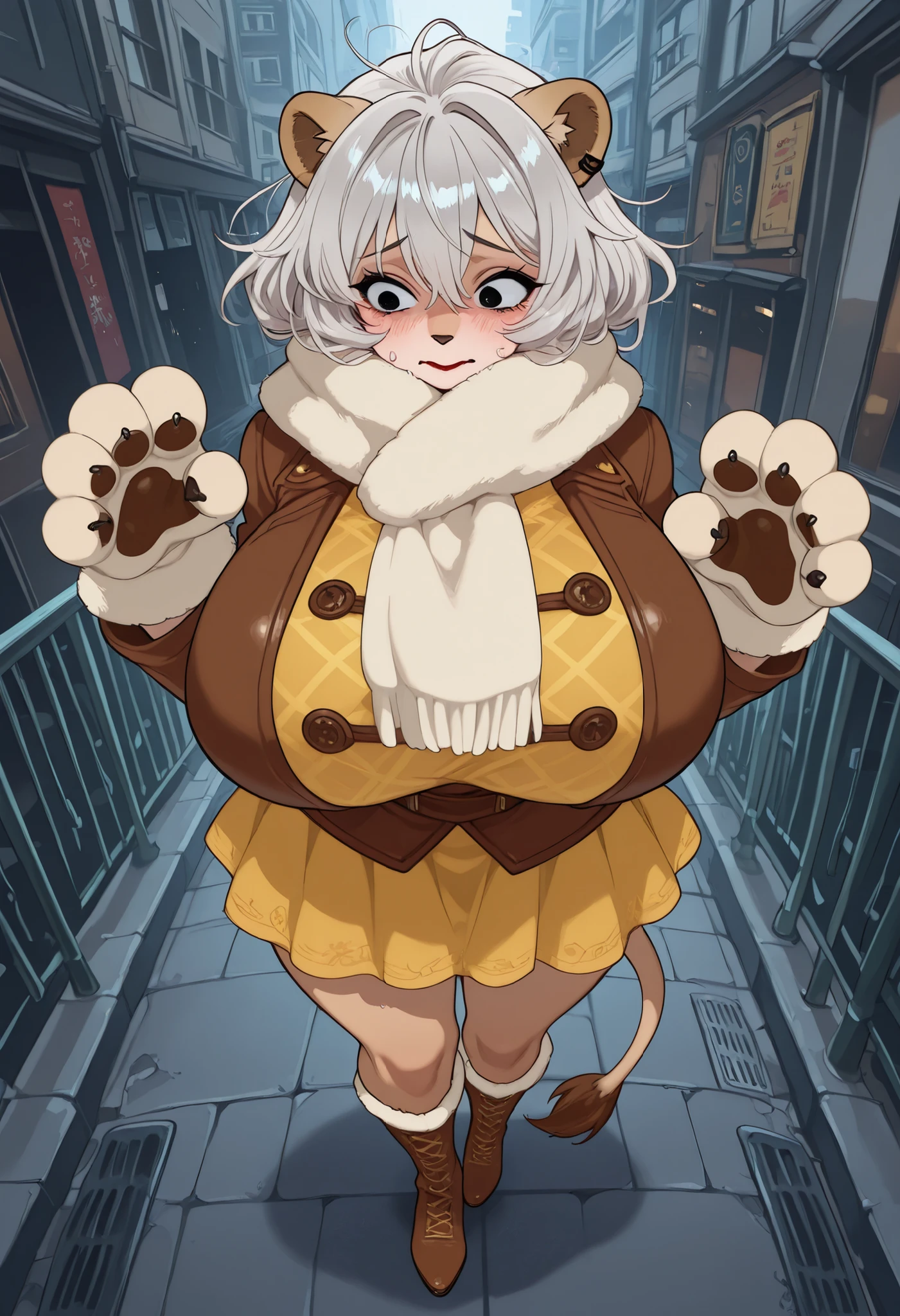 Grandma. gray hair, black eyes, short hair, dark red lips, wrinkles, earrings, makeup, , | score_9, score_8_up, score_7_up, masterpiece, best quality, perfect facial features, highest resolution, 8k, amazing quality, detailed eyes, clear eyes, dynamic composition, dynamic pose, face clearly visible, close-up of face, low angle, turn your side, view from the side, turn only your face, face close, 1 girl, solo, 1 girl, solo, Lion girl, Furry, Full Body Furry Girl, Lion Beast Girl, Lion Mane, Messy Hair, Lion Mane Hair, Lion Ears, Lion Tail, Lion Ears, Lion Tail, Mane Scarf, White and gold Lion-style outfit, Dark yellow Skirt with Paw mark, lion gloves, brown lion paw prints boots, iron ornaments, anxious face, weak face, frightened expression, scared face, blushing, embarrassed, cold sweat, city street, modern cityscape, fantasy-style passerby, passerby, pedestrian walkway, hiding in the shadows The hand in front lifts up the hair and smells it, the hair swaying gracefully.