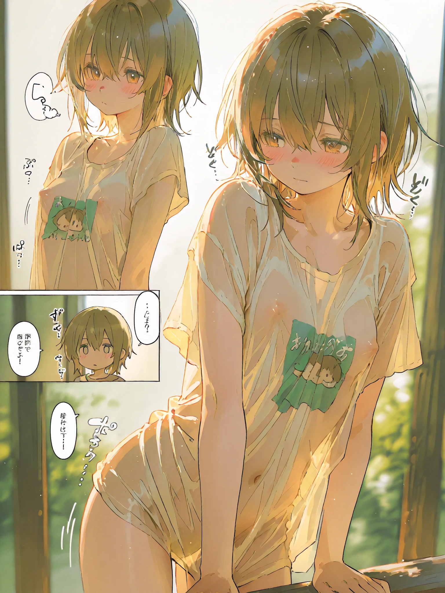masterpiece, best quality, 2girls, (closeup), 18yo teen, slim, small breast, naked breast, nipple, white panties, white bra, ((open shirt:1.4)), sitting inside abandoned train,  hugging, lode, smile, ((colorfull)), green,  best shadows, watercolor, ((topless)), ((small breasts)), (bent over:1.4), rear view