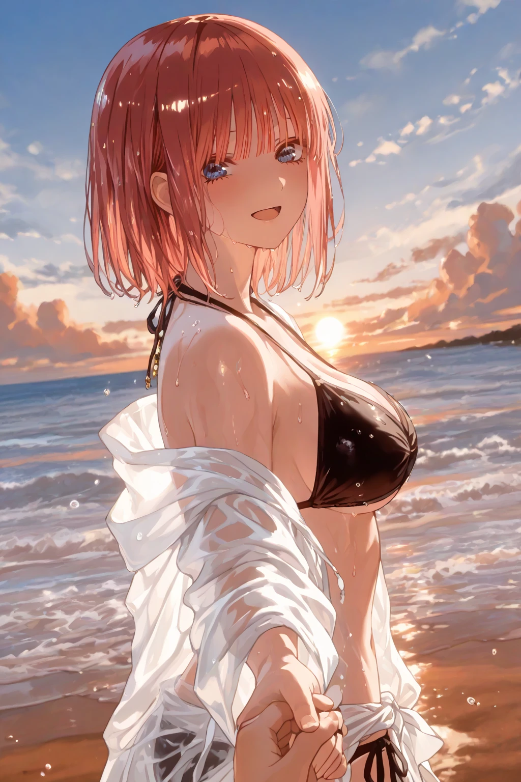 School Swimsuit,,Blushing、Pale red eyes、Light cream colored hair、short hair、Head to toe full body、Blushing、Embarrassed look、Composition from the front、A view from slightly below、school swimwear、Acme Face、Random pose、, 、nsfw、Highest quality、1 girl、solo、Ocean、Sandy Beach、Sexy pose、Random pose、Blushing、Wet、Embarrassed、I can see half of my 、、One piece swimsuit、(Strap slip:1.3)、School Swimsuit