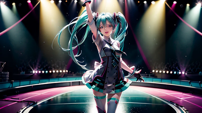 This painting depicts an active and colorful dance party scene featuring Hatsune Miku.。Colorful neon lights are shining all around.。