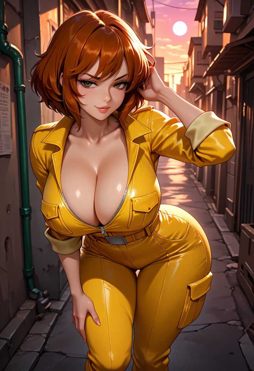Cowboy shot, April O'Neill, 1980s \(style of\), 1girl, brown hair, orange hair, retro artstyle, Short hair, Yellow bikini, very large_pectorals, wide hips, cleavage, night city background, cute face, Protruding Breasts, nice hands, perfect arms, Torpedo ,