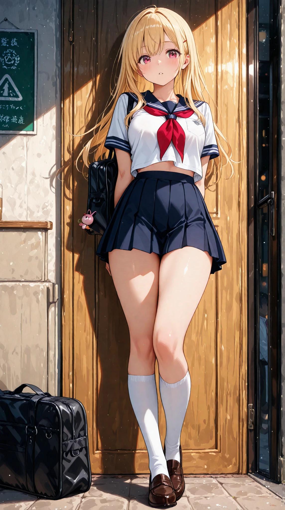 Bully student approaches me with a perverse face as I am a nerd, wearing short skirt, blonde hair, blue eyes, small firm breasts, long sexy legs, bad girl. very tall girl, photo from below the girl, bully, anger face, full body photo