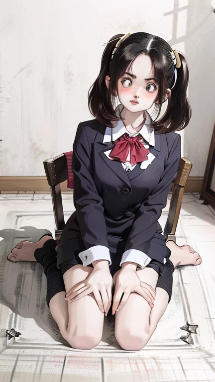 Highest quality, masterpiece, High resolution, (Head to Toe full body), front, frontやや下からの構図, Symmetric, Tall 18 year old girl, alone, (Head to Toe), (Small breasts), Unkempt brown hair, bangs, (black tights), (Black Pantyhose), (Sit with your legs apart), (Crouching pose), (Composition depicting white panties), (Her legs were spread、I see your white pants.), (I was made to sit on the floor with my legs spread...), (M-shaped feet), Thin legs, とても美しくTall 18 year old girl, (No shoes), blush, Shy big eyes, Looking into the camera, Blazer Uniform, Checkered Pleated Skirt