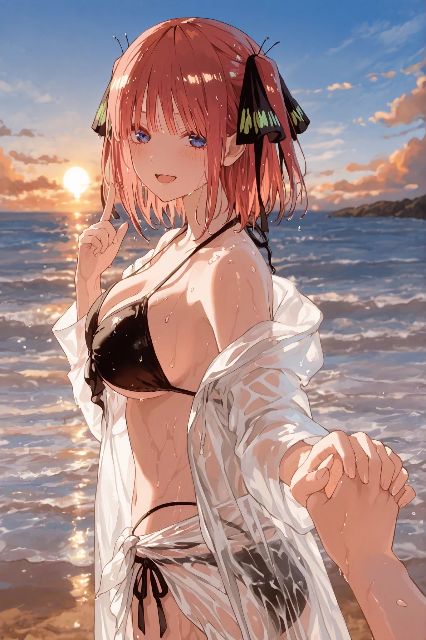 Nino Nakano is a character that appears in the anime "The Quintessential Quintuplets" 「The background is a beach at sunset.」The eyes of this character are blue. My hairstyle is a bob cut with pink color. This character is wearing a butterfly hair accessory. Please focus on this character. This character has a very lovely smile.high Quality. The character is wearing a bandeau bikini with a black and white striped pattern.. masterpiece,best quality,ultra detailed, My breast size is D cup.