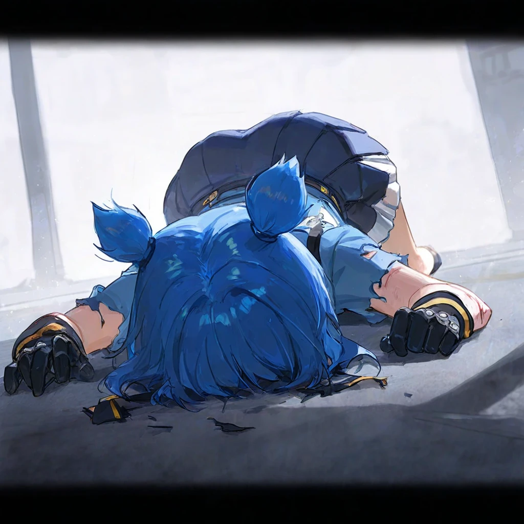 The man, with short blue hair and spitting blood from his mouth, lay on the ground, wearing tattered clothes