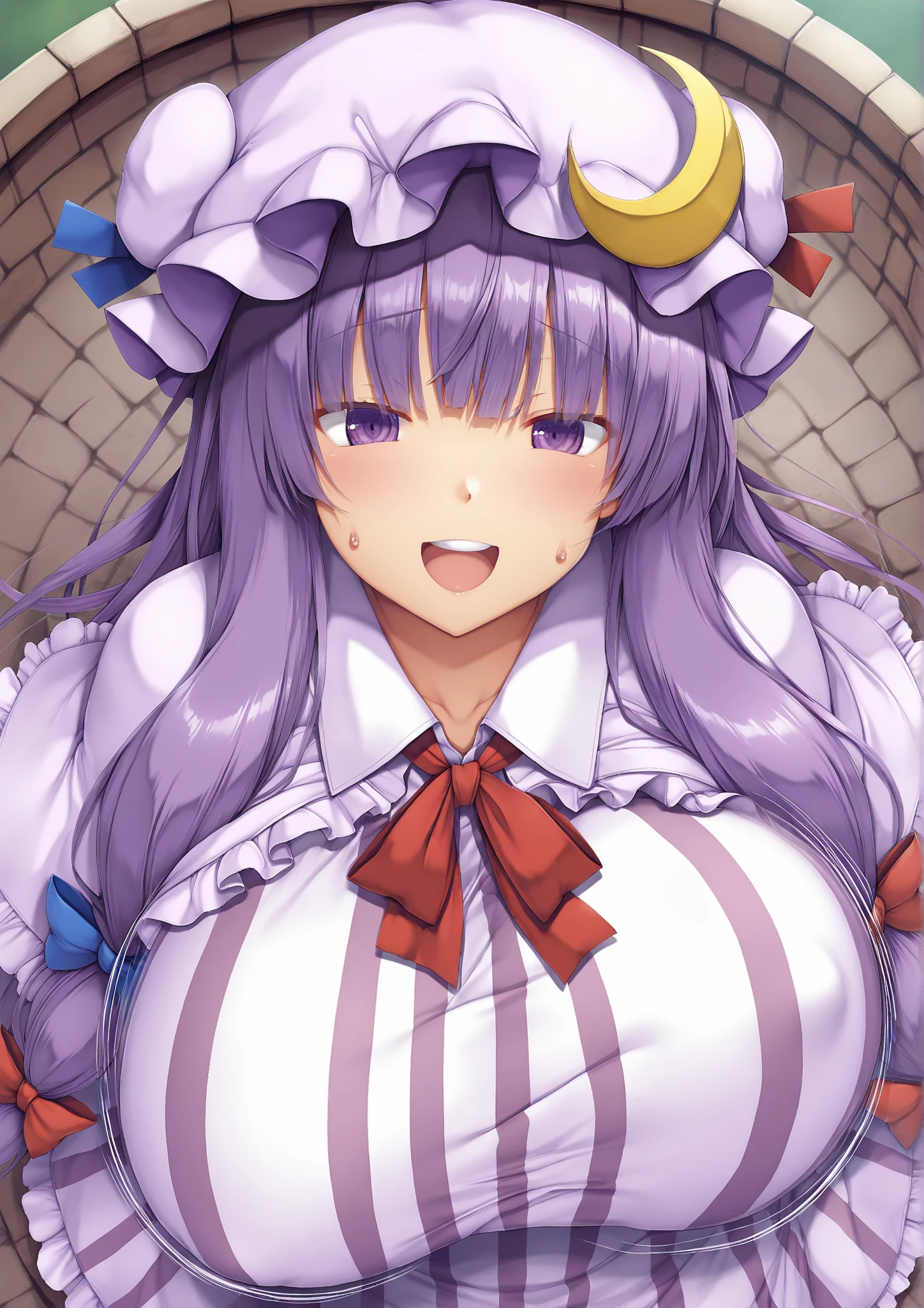 1 girl, game cg, brown short frilled dress, small apron, ((gigantic breasts)), light purple hair, long hair, french braid, purple eyes, smile, white background, own hands clasped,