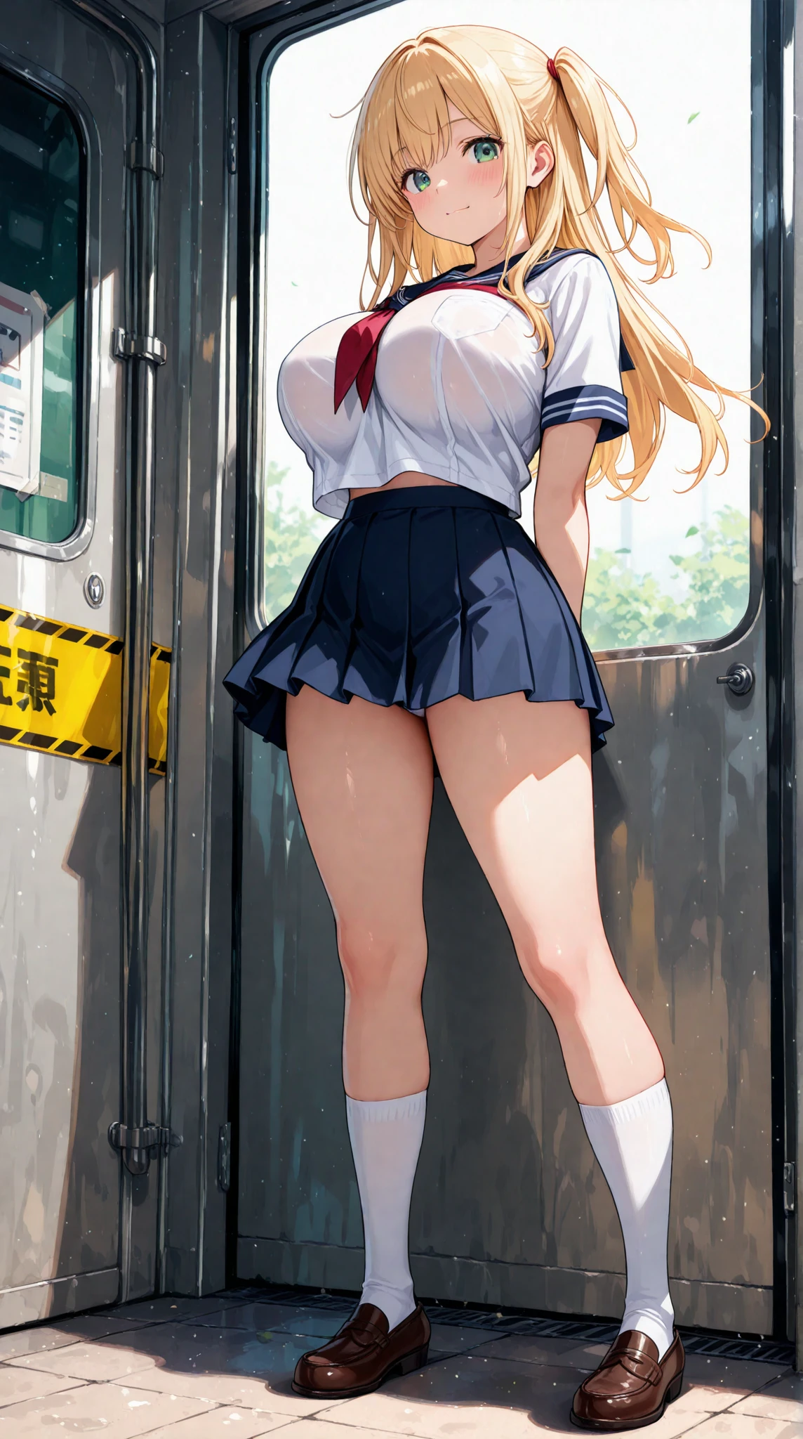 nsfw:1.5, Top quality, ultra high resolution, , (top quality, high resolution, 4K, detailed lighting, shaders, perfect anatomy, perfect proportions), eye of the beholder, (masterpiece, top quality) (top quality, 4K, 8K, high resolution, masterpiece: 1.2), highly detailed, (masterpiece: 1.3, top quality, ultra high resolution, ultra detailed), (top quality: 1.2), perfect eyes, perfect face, (top quality, 4K, 8K, high resolution, masterpiece: 1.2), highly detailed, (top quality, 4K, 8K, high resolution, masterpiece: 1.5), masterpiece, top quality, ultra detailed, top quality, high resolution, 32K CG, very delicate and beautiful, illustration, high resolution, sharp focus, very beautiful and detailed anime face, very detailed eyes, ((masterpiece)), ((best quality)), (super detailed), ((cute)), cute, ((very detailed)), 4K, (8K), best quality, (best quality, 8K, 32k, masterpiece, super high resolution, very detailed, impressionistic:1.2), blurred background, (two arms) , (two legs), (four fingers and 1 thumb) , one belly button, 

(Profile: 1.2). (Looking away: 1.8). (Front view: 1.4). (Short-sleeved sailor uniform: 1.6). (School bag: 1.4). (Crowded train platform: 1.4). (Short-length navy blue skirt lifted up to reveal private parts: 1.9). (Dress lifted to reveal large, beautiful breasts: 1.8). (Beautiful face: 1.2). (Neatly trimmed blonde pubic hair: 1.5). (Beautiful blonde hair: 1.4). (Ponytail with red ribbon: 1.3). (White choker: 1.5). (Bracelet: 1.5). (Bangs swept to the side, revealing forehead: 1.4). (Blue-green eyes). (Extremely embarrassed expression: 1.7).  (Blushing with embarrassment: 1.6) (Pale skin: 1.4). (Perfect proportions: 1.6). (Small pink nipples: 1.3). (Breasts, nipples and genitals not covered: 1.7). (No panties: 1.5). (Full, beautiful breasts: 1.5). (Perky breasts). (Thin waist). (Slender figure). (Nice butt: 1.1). (Realistic facial expression: 1.4). (Realistic skin: 1.4).