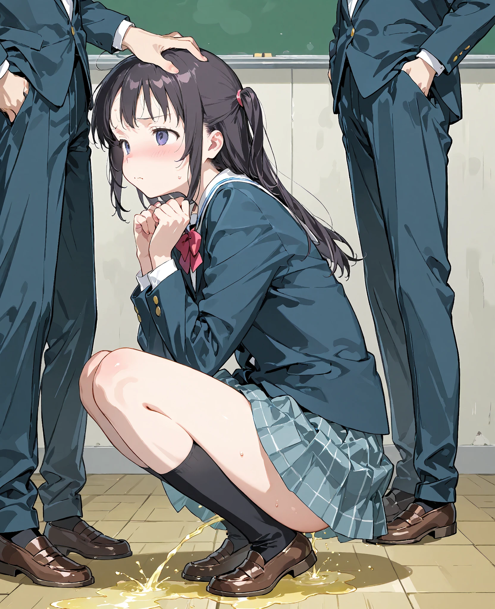 1 Asian girl, short black hair, brown eyes, flat chest girl, looking at viewer, shy, masterpiece, full length, locker room at school, small breasts, plump belly, ??? on hair, ??? on face, crying, cute, open mouth, ??? in mouth, shiny lips, excited face, ass, pussy, pissing, Making faces, ???? in hand, wide hips, spread legs