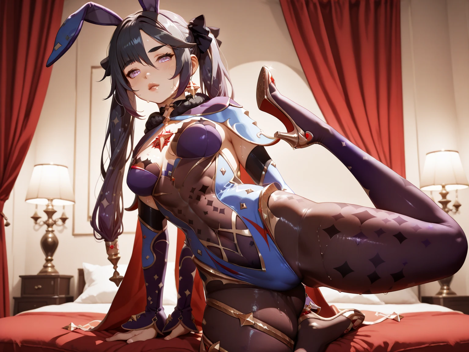 (masterpiece),(Highest quality),(Super detailed),(Best illustrations),(Best Shadow),(Absurd),(Detailed Background),(so beautiful), 16K, 4K, (so beautiful)ganyu, , One person, alone, curby, , , , , fluorescent pink eyes, Thigh fetish, Cleavage, Huge breasts, Oculogyric crisis, wearing bunny outfit, Perfect figure, heart-shaped pupils, , , paw pose, Arched back, , , orgasm, afterglow, erotic smile, BDSM, , , , , Sexy posture, , , cross-eyed, rolling eyes, , water eyes, , , , , , saliva trail, , shiny skin, , , torogao, ahegao, BREAK, , Dramatic lighting, , Clear liquid, , night, , , Torrent of Light, mysterious, spoken hearts,