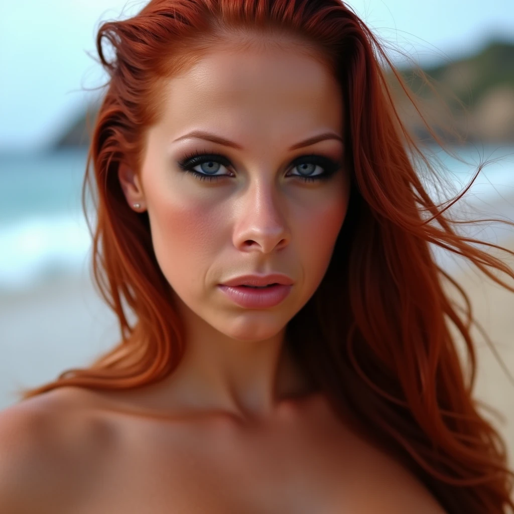 Amber Heard with red hair up in sand completely naked and smiling sexy