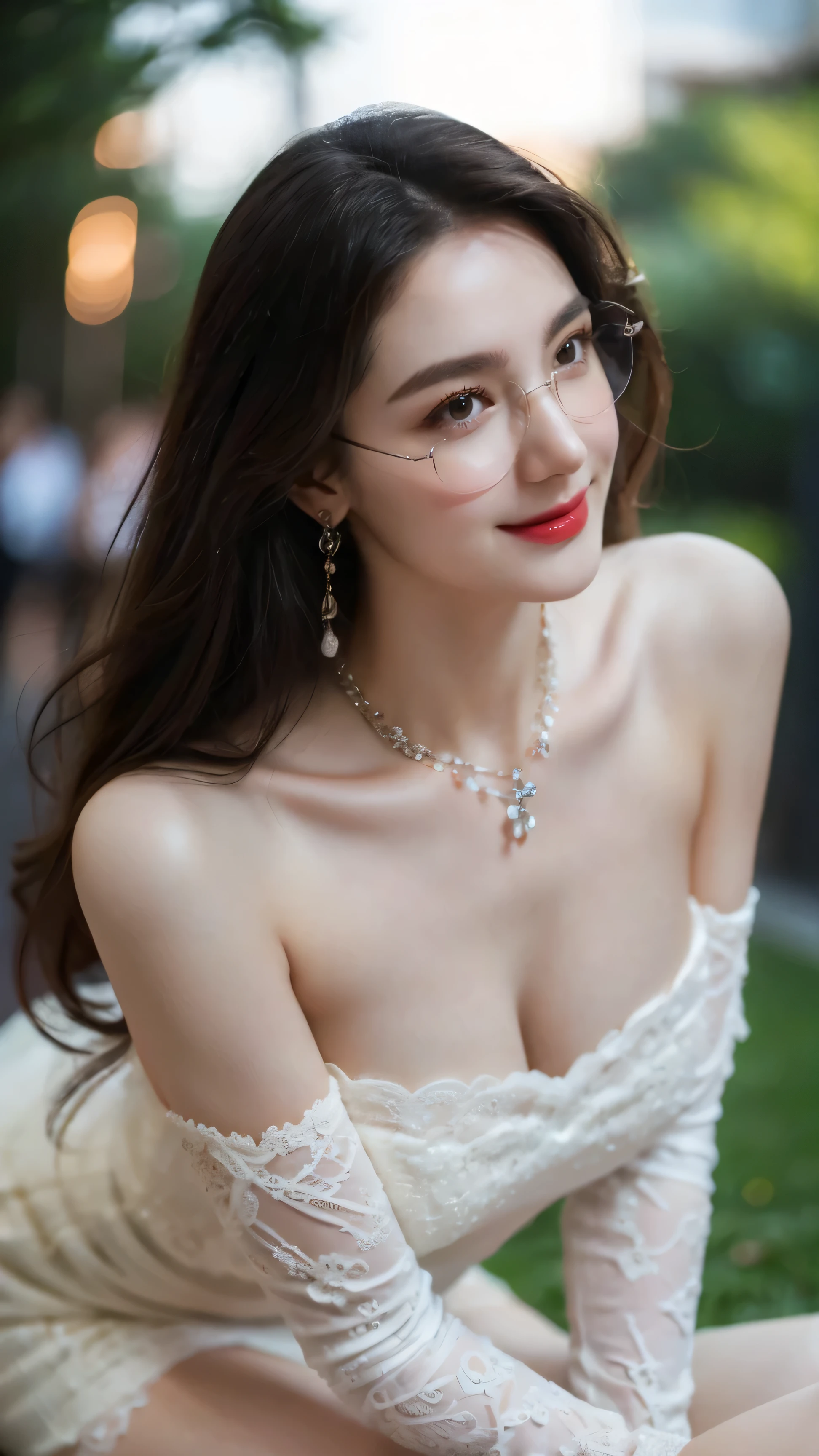 (Canon RF85mm f/1.2), (8K, RAW photos, best quality), (masterpiece), (actual, photograph actual), (Very detailed, High Detail, Best image quality, Super detailed, high resolution, Very detailed, Very detailed的描述, Ultra-fine, Extremely exquisite and beautiful work), Beautiful and delicate girl, Solo Girl, ((Perfect body)), Very detailed eyes and face, White skin, Noble beauty, ((The skin texture is delicate, Pores)), Perfect anatomical structure, Beautiful body, Delicate face, Slim abs, Slim waist), Big Ass, (Large Breasts, Breast enlargement), (Cleavage), (affectionate gaze, soulful eyes, Glowing eyes), (beautiful and clear eyes), (Bounce Curly Messy Long Hair), (Smile:1.2), (fascinated expression), (Attractive appearance), ((Cardigan,Strapless wedding dress)), ((Tight)), ((bud)), ((wear glasses)), earrings, necklace, ((night)), ((Street View, moonlight)), Physically Based Rendering, Realistic lighting, (((Upper Body))), ((looking at the audience)), ((Everlasting)), ((Happy and shy))