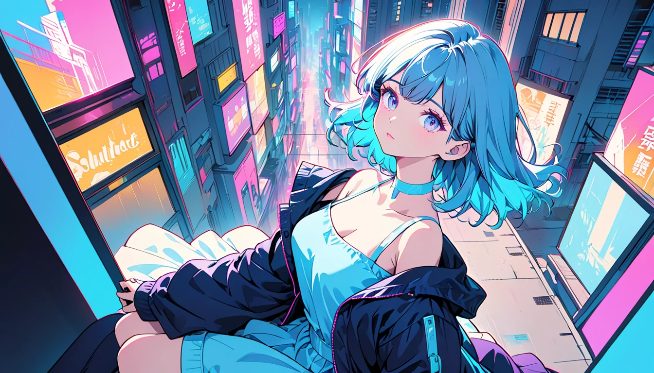(masterpiece:1.2), best quality, highres, original, (extremely detailed:1.2), ultra-detailed, wallpaper, perfect lighting,(extremely detailed CG:1.2), 8k, anime illustration, 1boy, cross-dressing, femboy, long hair, light-blue hair, (cyberpunk fashion, short-sleeved T-shirt, knee-length skirt, lace hemline, delicate clothes:1.2),looking at viewer, frontal, futuristic city background, sci-fi city, (anatomically correct: 1.3)