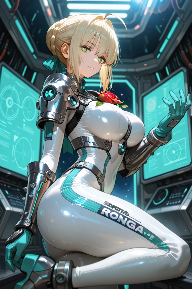 (masterpiece), best quality, expressive eyes, perfect face, highres, (8k), (perfect face), (ultra details), 1 girl, solo, samus aran, ponytail, hair tie, blue gloves, blue bodysuit, body-tight suit, spacecraft background, resting on stomach, on a bed, raised legs, portrait, looking at the viewer, dynamic view