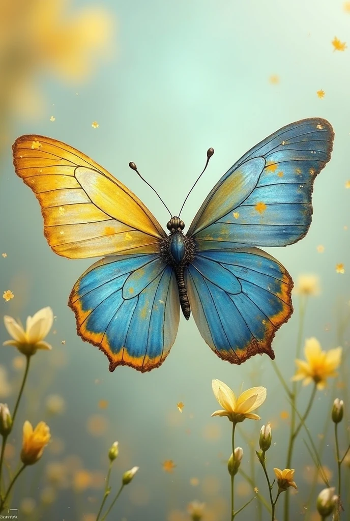 Imagine a stunning butterfly，Its wings spread out，Showing dazzling colors，The upper sides of the wings feature a vibrant mix of blue hues，The lower side is a charming mixture of orange and，This delicate creature is delicately perched on a blooming garden flower，The contrast between the vividness of the butterflies and the soft tones of the flowers creates a spectacle of natural beauty.，Subtle sunlight filtering through the scene，Zooming in on the iridescence of a butterfly's wings，Makes the whole scene breathtaking