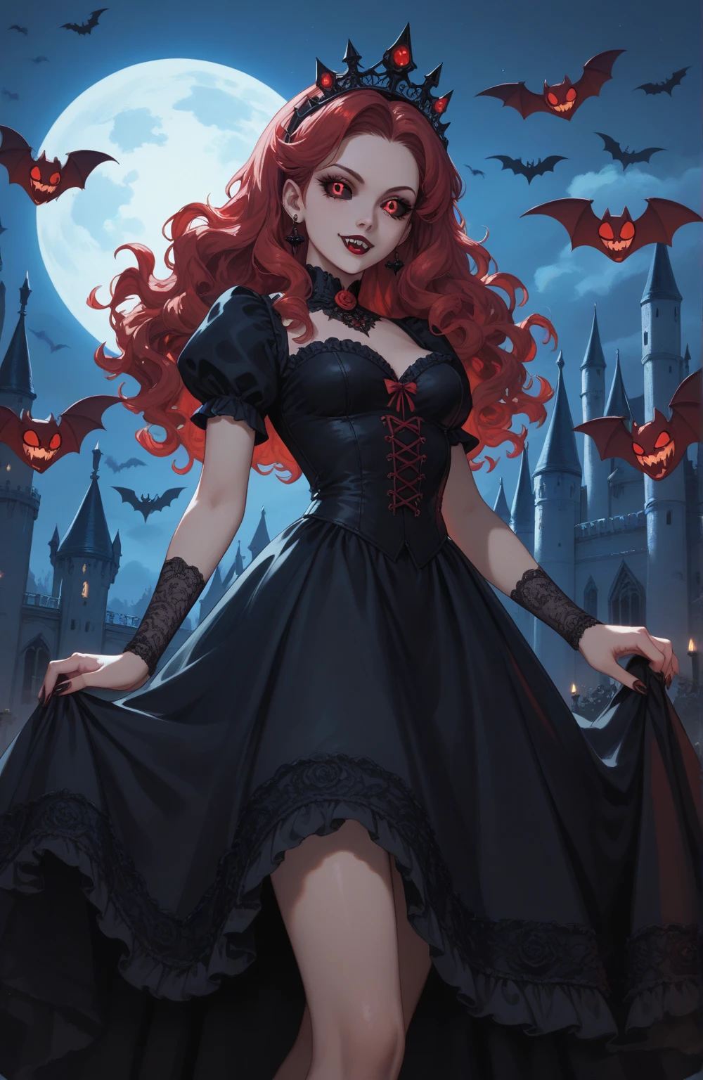 Lillith, long red curly hair, pale skin, lips, red eyes, makeup, close up, fangs, open mouth, serious,
head wings,detached sleeves,bare shoulders,cleavage,,dress ,jewelry, thighhighs, high heels, skirt,
nighttime, moonlight, blood fountain,
standing, upper body, cowboy shot,
(insanely detailed, beautiful detailed face, masterpiece, best quality) <lora:Lillith-10v3:0.7>