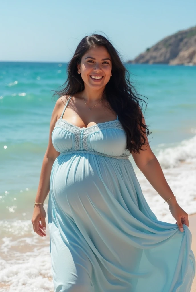 Ultra-realistic, 4K, Professional photos, 22-year-old girl, Black girl, ((huge breasts)), ((huge pregnant)), big curly hair, High resolution, Detailed face, Medium bodied, Floral skirt, (Open blue shirt), masterpiece, (Lighting), (1 solo), Beach Background, Realistic Background, Realistic photos