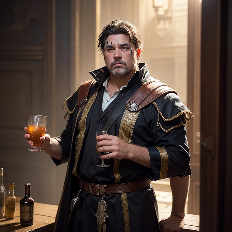 Masterpiece, high resolution, HDR, detailed composition, unique, hot handsome charming daddy in a pub invites you for a drink, 1500s, elegant clothing, medieval fashion, wearing elaborate jewelry, fine jewelry, golden, gold, diamond, shiny, royalty, divine, opulence, grandeur, wealthy, rich taste, affluence, wisdom, sophisticated man, dashing man, scruff and hairy, mature, masculine, macho, hairy chest, beautiful eyes, symmetrical eyes, staring directly at camera, 1500s, offering a drink at you, charming smile, full body, full figure