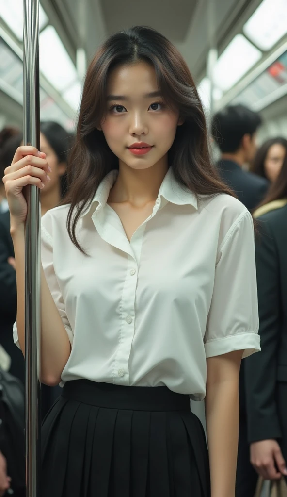 A woman sitting on a train and looking at her mobile phone, （cute、K-POPアイドル、Ultra high definition、high resolution、Photoreal、realistic skin、detailed facial expressions、4K quality、realistic、detailed eyes）、sakimichan, wore a white shirt, （big breasts:1.75、valley、delusionally huge breasts、sexual breasts）、（seductive pose、sexual expression、Perverted woman）、（burst shirt, sakimi chan, wearing a blouse, Wearing a fluffy white shirt,Patsupatsu with breasts、A chest that is about to burst ）korean girl, Yoshitomo Nara, sexy :8、