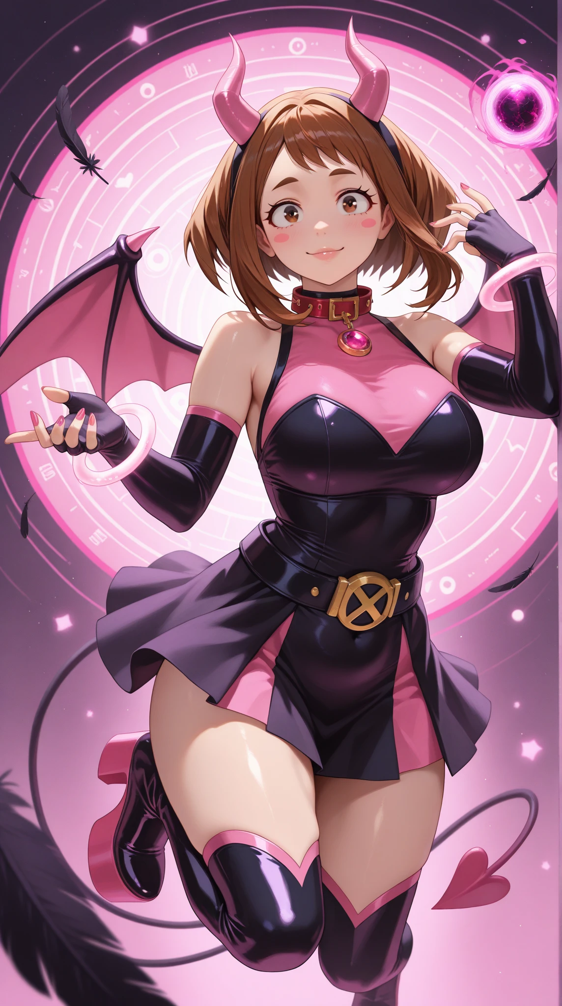 Adult woman, short pink hair, Fox ears, Fox tails, colorful eyes, tight dress, ssmile, Masterpiece, hiquality