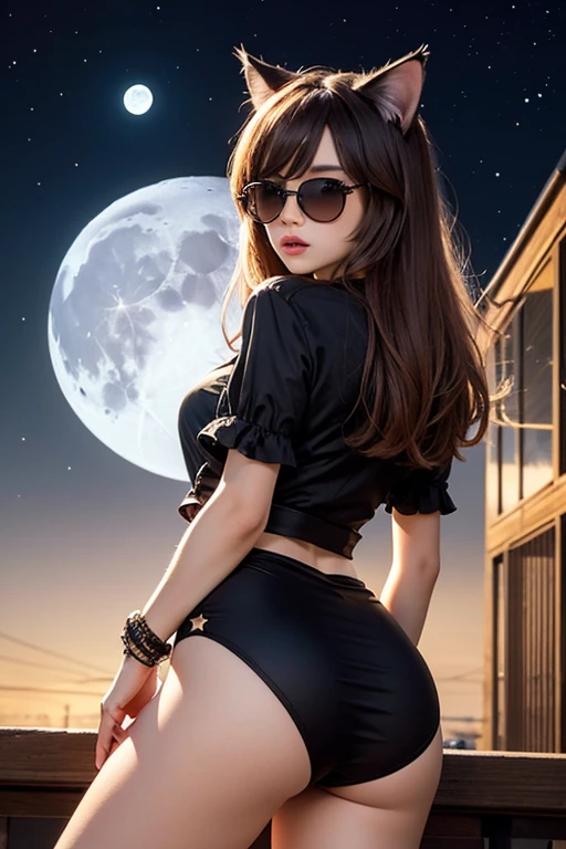 Non NSFW,under the moonlight,huge moon,night city,night street,high resolution, extremely detailed photography, hyper realistic, professional lighting, octane render, portrait, detailed bust, abandoned scene, 8k, masterpiece, best quality, award winning, by kishin shinoyama. 1girl,perfect face, beautiful face, perfect female body, highly detailed ahoge hair,realistic eyes,mature female,ornate dark underwear,sexy dark lace thong,sexy dark stockings,dark collar,earrings,jewels,jewelry,Expose breasts,uncovered breasts,Narrow waist,bare belly,bare navel,wet,wet body,sweating body,shiny skin,cat pose,squatting on all four,all four on ground,BREAK, ((back view:1.2)),(from below:1.2))