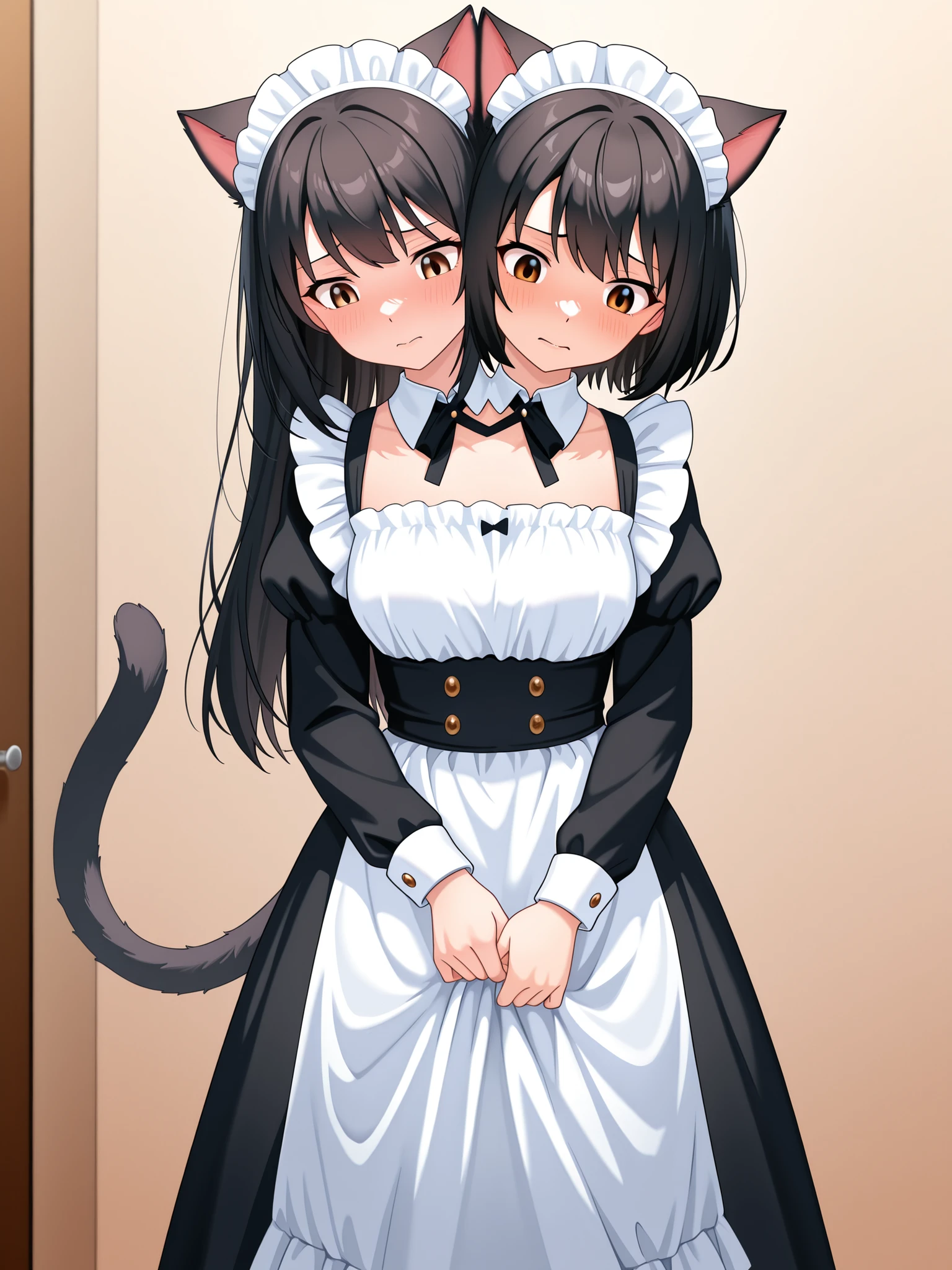 conjoined, anime catgirl with two heads, left head has long hair and right head has short hair, cat ears, black hair, brown eyes, cat tail, maid outfit, uncomfortable, looking down at herself, cringing, uncomfortable, pinching dress with one hand, dressing room