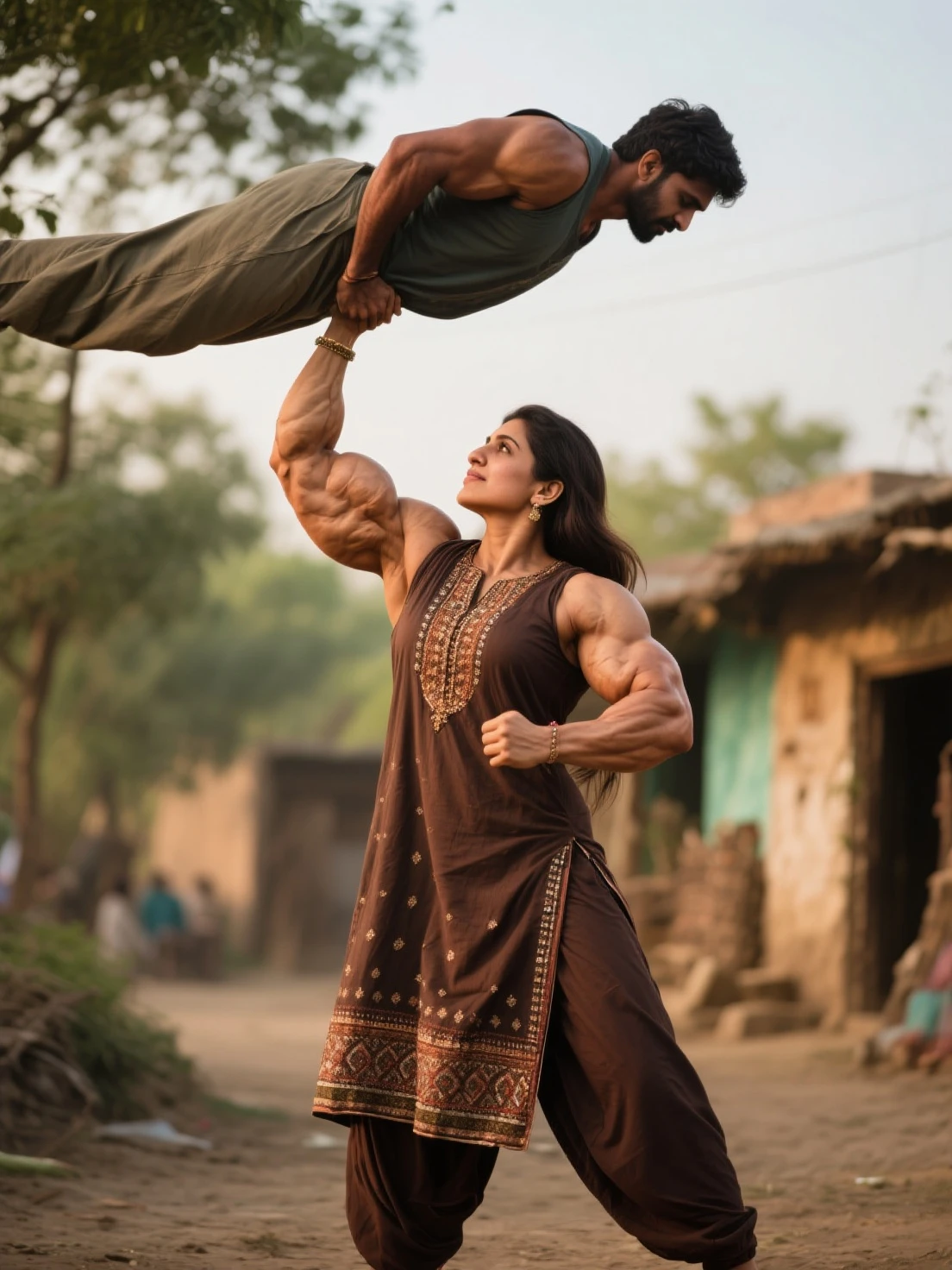 A Masculer body man,hairy chest,wearing Gym uniform,training young slim woman, wearing athletic wear,sindoor mangalsotra,doing pushups,smilling