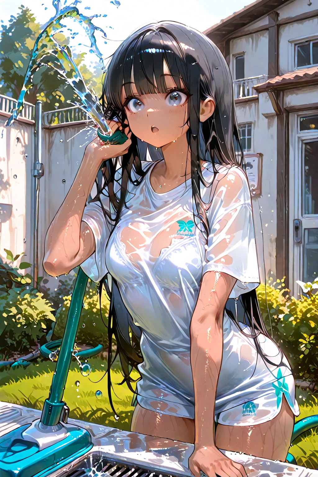 masterpiece, best quality, 1girl, solo, tazune rirei, black long hair, (blush), embarrassed, white shirt, short sleeves, realistic pink panties, ((twin braid hair)), loli, nsfw, crotch seam, from side, wet, in water, white sky, yellow hair ornament,