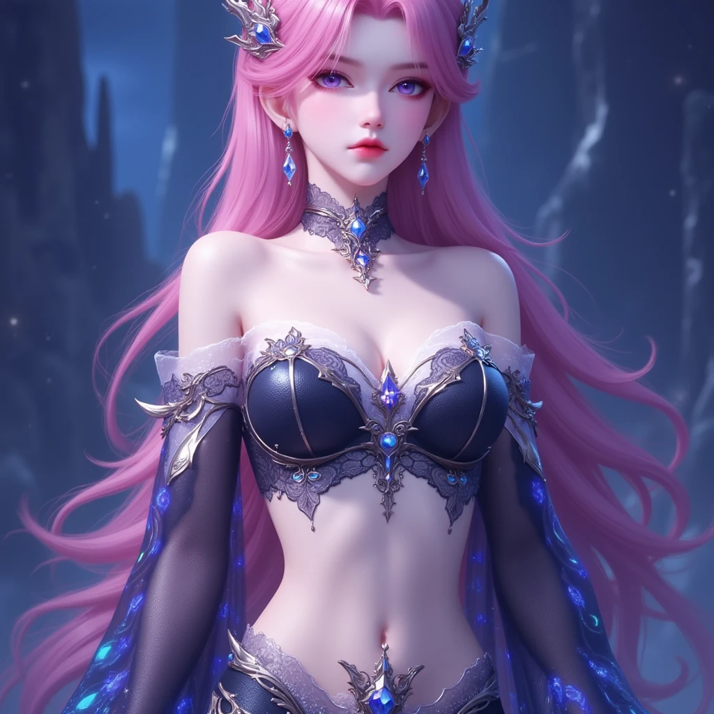 Queen with an extraordinary temperament,Under the starlight of the Milky Way stands the Crystal Castle,She has fair skin and an attractive body,Wear sexy clothing,Showcases a strong realistic style。