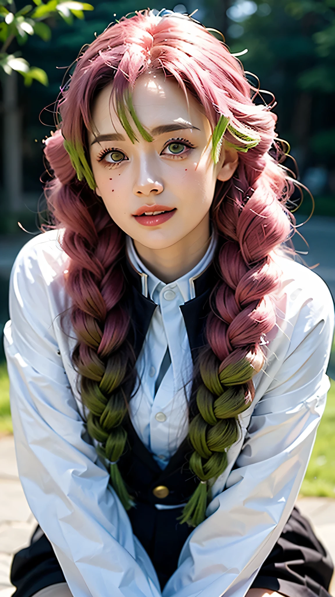 A close-up portrait of a beautiful real-life woman resembling Mitsuri Kanroji from Demon Slayer, ultra realistic, soft smiling expression, glossy red lips, long wavy pink and green hair, detailed violet eyes, wearing her iconic Demon Slayer Corps uniform with the open-chest haori and white socks, hyper detailed skin texture, natural lighting, ultra HD, photorealistic, cinematic close-up, DSLR depth of field, 8K resolution