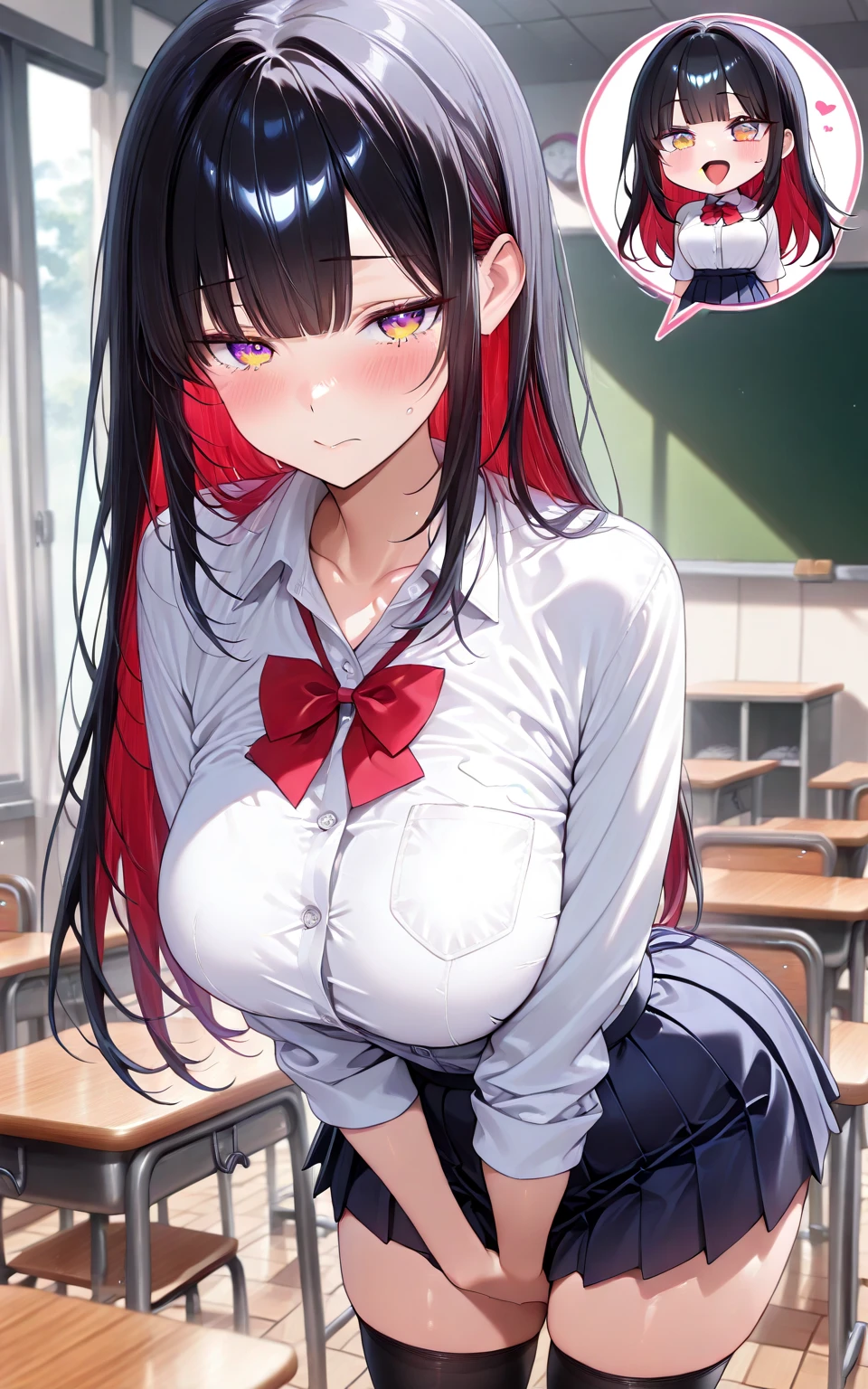 Masterpiece, high quality, ultra quality, best lighting, 1girl, ((tokisaki kurumi)), long hair, black hair, (((low twintails))), monochrome, ((right red eye:1, left yellow eye:1)), nun uniform, nun cosplay, ((super short skirt)), ((big breast)), ((big thigh)), smile, blush, cute face, ((gesugao face)), sitting, sexy body, sexy, looking at viewer, large the breast, nsfw, rainbow in the sky