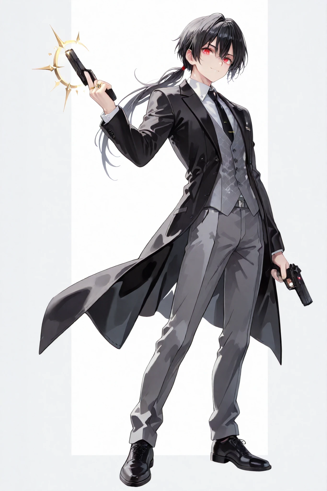 Boy, handsome, full body, standing, black hair, bangs, low ponytail (short), sharp eyes, red eyes, confident smile, white shirt, black cravate tie, gray suit vest, black coat, dark gray slacks, black shoes, gold ring on left index finger, holding black pistol in right hand, no background