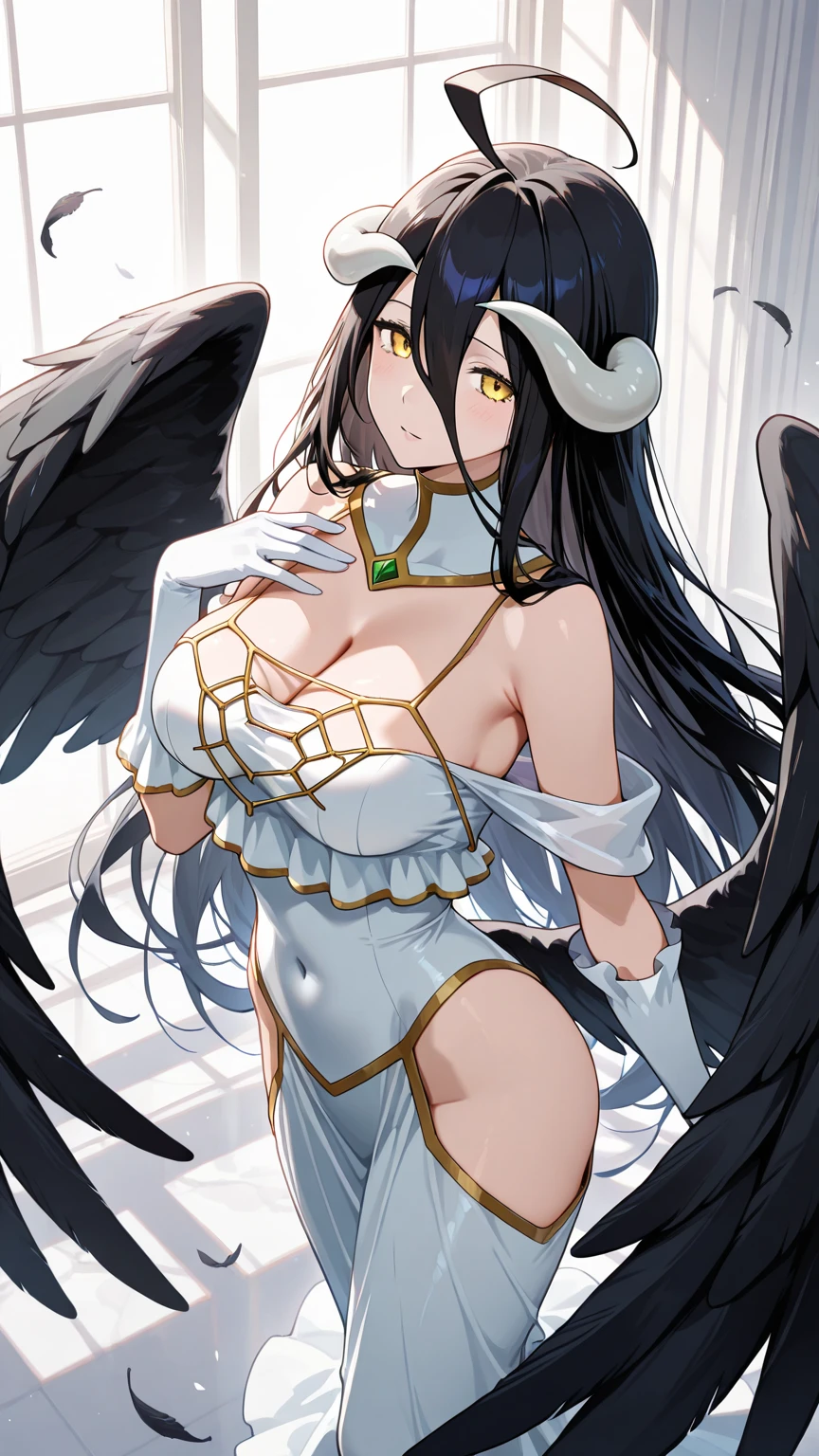 An anime-style artwork depicting albedo from the anime overlord.
Tags: albedo (overlord), 1girl, albedo (overlord), solo, horns, long hair, black hair, gloves, yellow eyes, demon girl, ahoge, white gloves, wings, open mouth, bare shoulders, demon horns, hair between eyes, parody, black wings, very long hair, breasts, low wings, anime, detailed eyes, detailed lips, smiling expression, intense gaze, dynamic pose, indoor, palace, vibrant colors, digital art, high-resolution, professional quality, gigantic breasts, (underboob : 1.4), curvy, cowboy shot, (gigantic breasts: 1.4), cleavage, crop top, turtleneck, mini skirt, midriff,