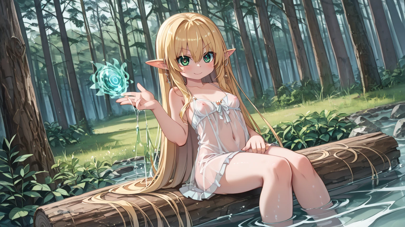 Blonde hair and blue eyes　Long Hair　A sheer light green raincoat　Fairy　Big Breasts　naked　mini skirt　Elf