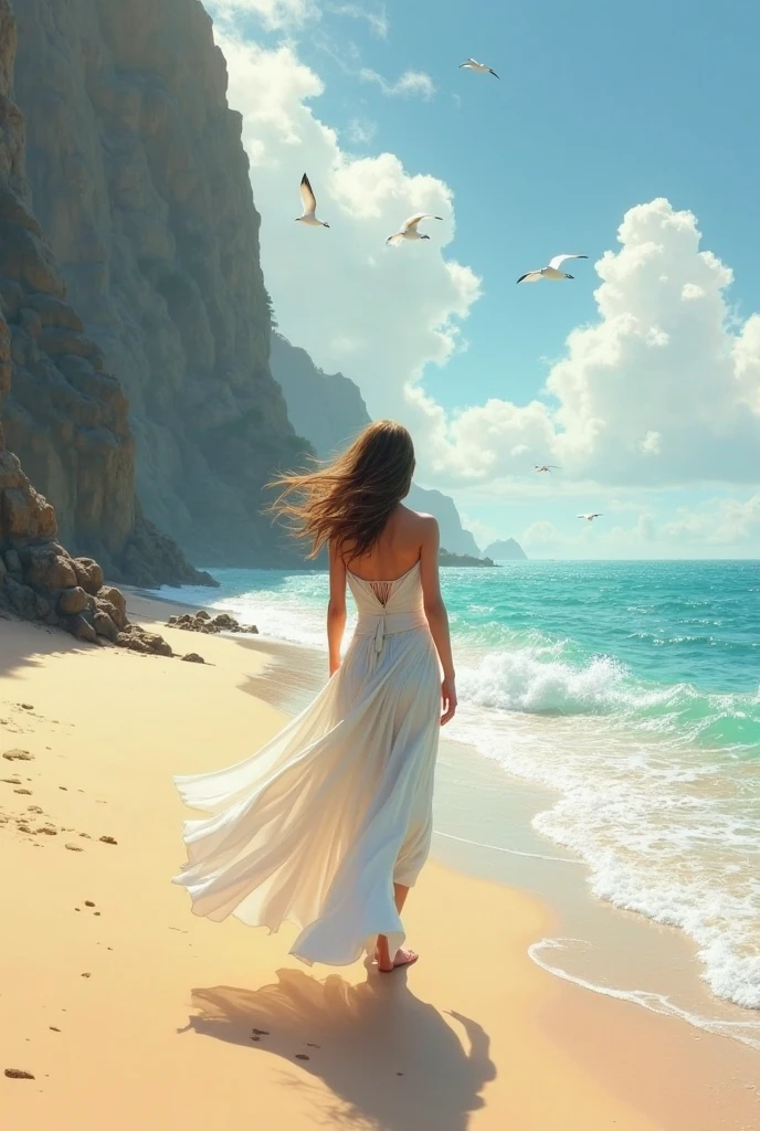 hyper-realistic image of a breathtaking nature scene with a long-distance shot. The main subject is a lovely young girl with straight, dark hair, dressed in a light blue dress that complements the serene surroundings. She is standing on a rocky cliff overlooking a pristine ocean with gentle waves crashing against the shore. The backdrop features a vibrant sunset with hues of orange, pink, and purple painting the sky. The girl is gazing out at the horizon, holding a seashell to her ear. The scene should include the rocky cliffs, ocean, and sky to create a mesmerizing and tranquil atmosphere.
Details:
Focus on the detailed features of the girl, her dress, and the natural elements around her.
Ensure the ocean, rocks, and sky are depicted with stunning clarity and realism.
Capture the essence of a serene, contemplative moment in nature.
Image Quality:
Ultra High Quality
8k resolution
Hyperrealistic details
Sharp focus
Vivid colors
Depth of field