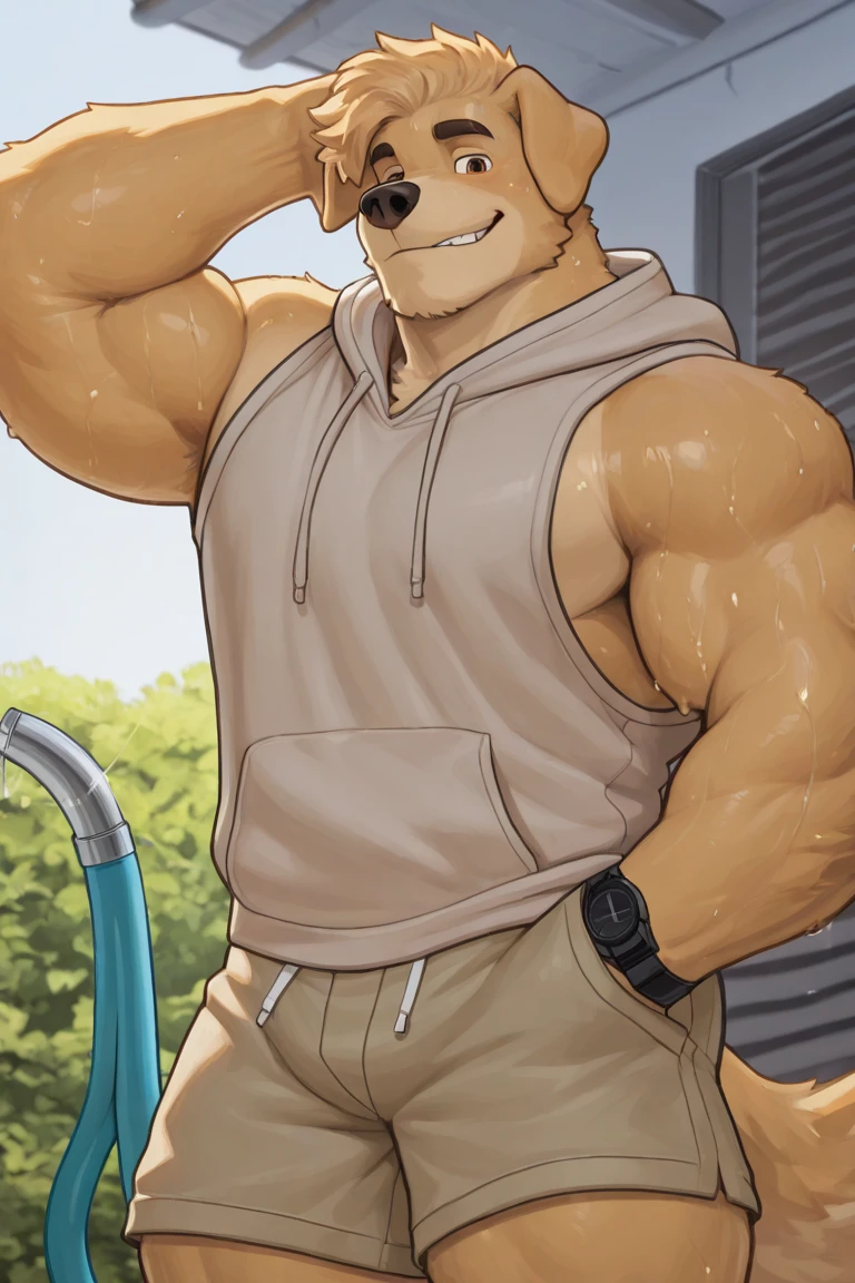 By Haps, 1boy, bara, bare shoulders, black eyes, black hair, black pants, clipboard, covered abs, covered nipples, large pectorals, male focus, multiple boys, muscular, muscular male, pants, pectorals, short hair, sidepec, tank top, whistle, whistle around neck, white tank top, Rarbbit boy, Rabbit Ears, Rabbit tail