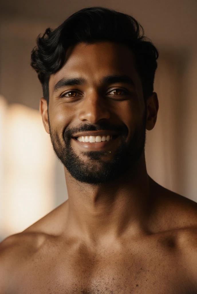 Handsome Shirtless Indian men Nude, age 23, smile, fully hairy big Chest, big puffy nipples, 14 inches biceps, Hands Up, show Hairy armpits, Abs, pubic hair, underwear, big bugle