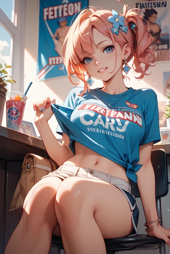 nsfw, masterpiece, 1 girl, erect nipples, intricately detailed, topless, navel, denim hotpants, kfc, bare shoulders, necklace, interior, dj, headset, baseball cap, citypop, erect nipples, puffy nipples, extremely detailed, photorealistic, octane render, 8 k, unreal engine, bare breasts, nipples, bare stomach, sweaty, people on background, moist breath, small breasts, flat chests, child, smiling, leaning forward, collarbone, wet body, pink hair, ray of lights, nipple-piercing, fast food counter, nipple chain