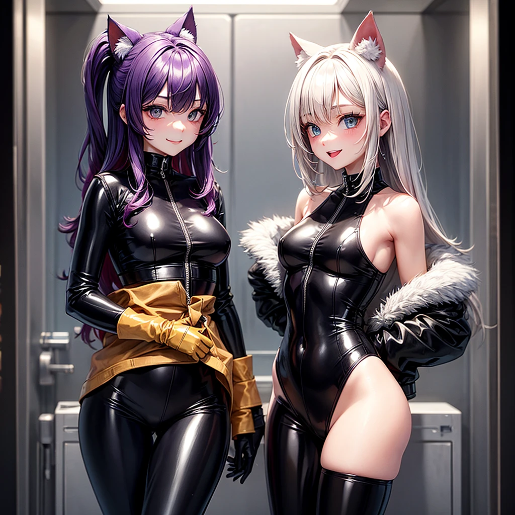 Anime- , White Cat Girl, cosplay, gracefulpose, Very beautiful cat girl, loli in dress, Very cute Catwoman, squatt, Smooth, flowing hair,Milky white skin, Beautiful face Light milky white porcelain skin, anime vibes, The legs are slender,kawaii aesthetic, Snow-whiteskin, Wearing white stockings,Pink ,Private areas loom,White heels,Short pink skirt,The skirt lifted,Purple eye,Eyebrows like emerald feathers,Beautiful face,ssmile,tmasterpiece --auto