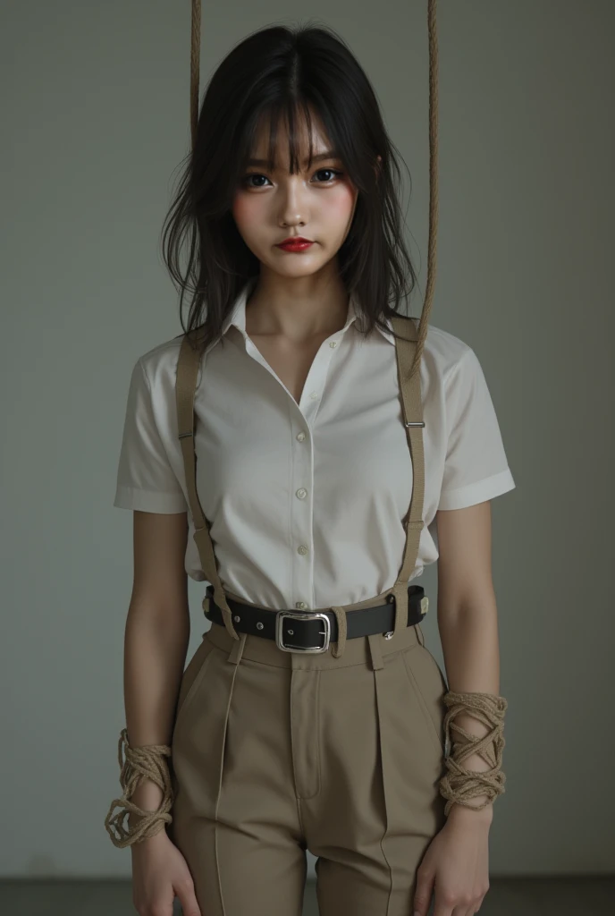 A cute girl is confined and tied up、Beauty、Make your eyes even、My hands are tied with ropes、Inside the mountain hut、White short-sleeved shirt、Navy semi-long skirt、Standing in front of a wall、Age 25、Medium build、Like real life、highest quality、