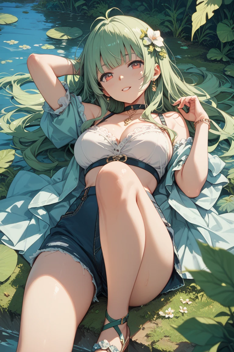1 girl,Best quality, tmasterpiece, Long green hair, beautiful,detailed eyes, HD, super cute girl, super cute hairstyle, extremely detailed, Visually inspect the audience, The face is slightly red,is shy,adolable,Lori small breasts cleavage, skirt, pleated skirt, frills, frilled bra, (solo:1.6), seductive smile, (green eyes with beautiful pupils:1.7), (on her knees:1.5), (garden background with butterflies and flowers around:1.2),