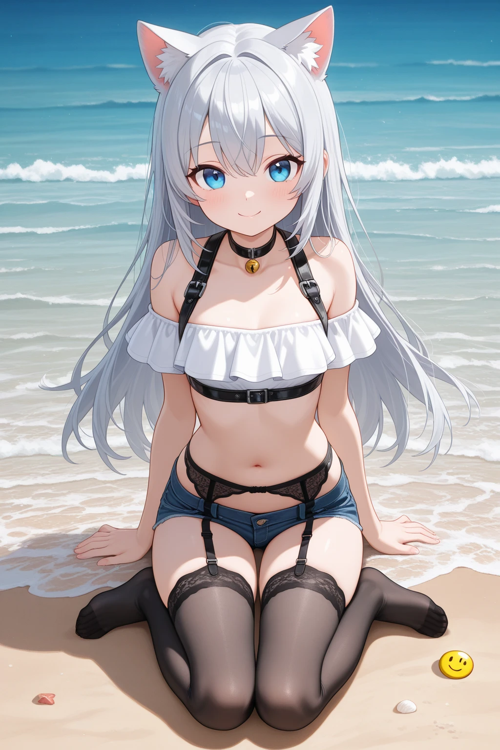 masterpiece, medieval townscape horizon Upper body girl, aqua eyes, ((((white bikini)))), nsfw, spread legs hands behind head clear blonde two tone hair, ((((((hair over one eye)))))), Braid Styles, spiked hair, blunt bangs, bob hair, a braid, Ahoge red eyes looking at the viewer adventurer ((from front)), closed mouth, scared, standing, spread legs, spoken heart ,greaves, ((((brown skin)))), smile, happy